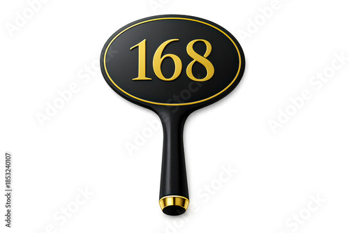 Auction paddle number 168, black and gold, on transparent background.