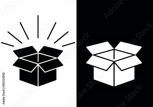An open box with radiating lines shown in black and white contrast
