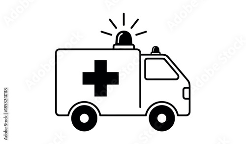 Simple black and white line drawing depicts an ambulance with a flashing