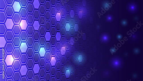 Futuristic abstract background with glowing hexagonal pattern in purple and blue tones, symbolizing digital networks, innovation, technology, and modern science design.