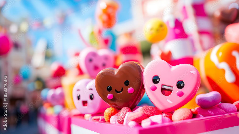 Fototapeta premium Modern adorable chocolate heart characters in a bustling holiday parade festive