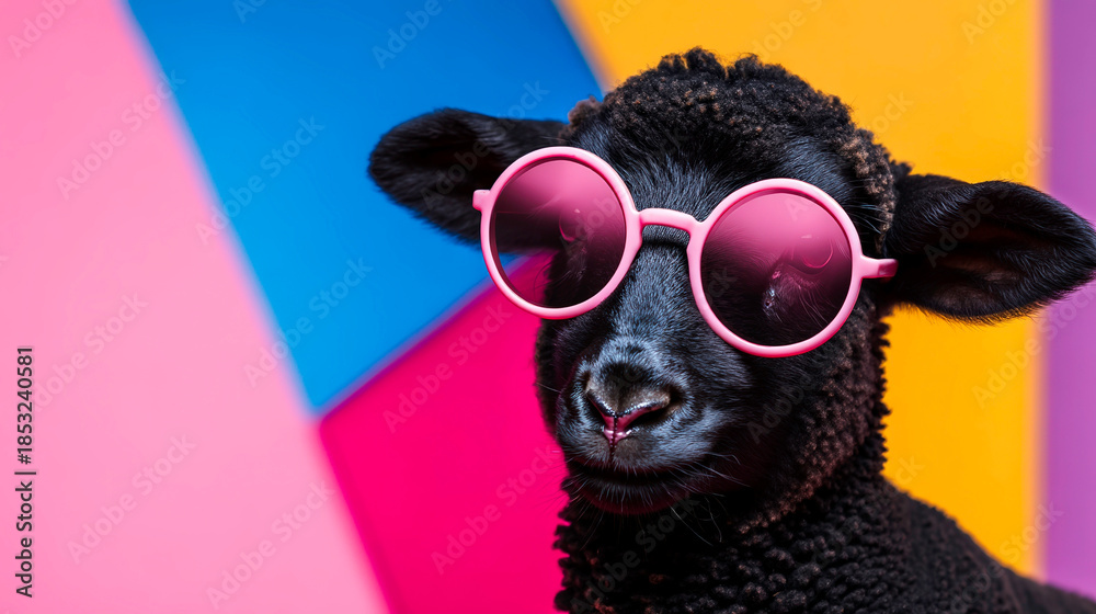 Fototapeta premium Stylish black lamb wearing pink sunglasses against vibrant geometric background