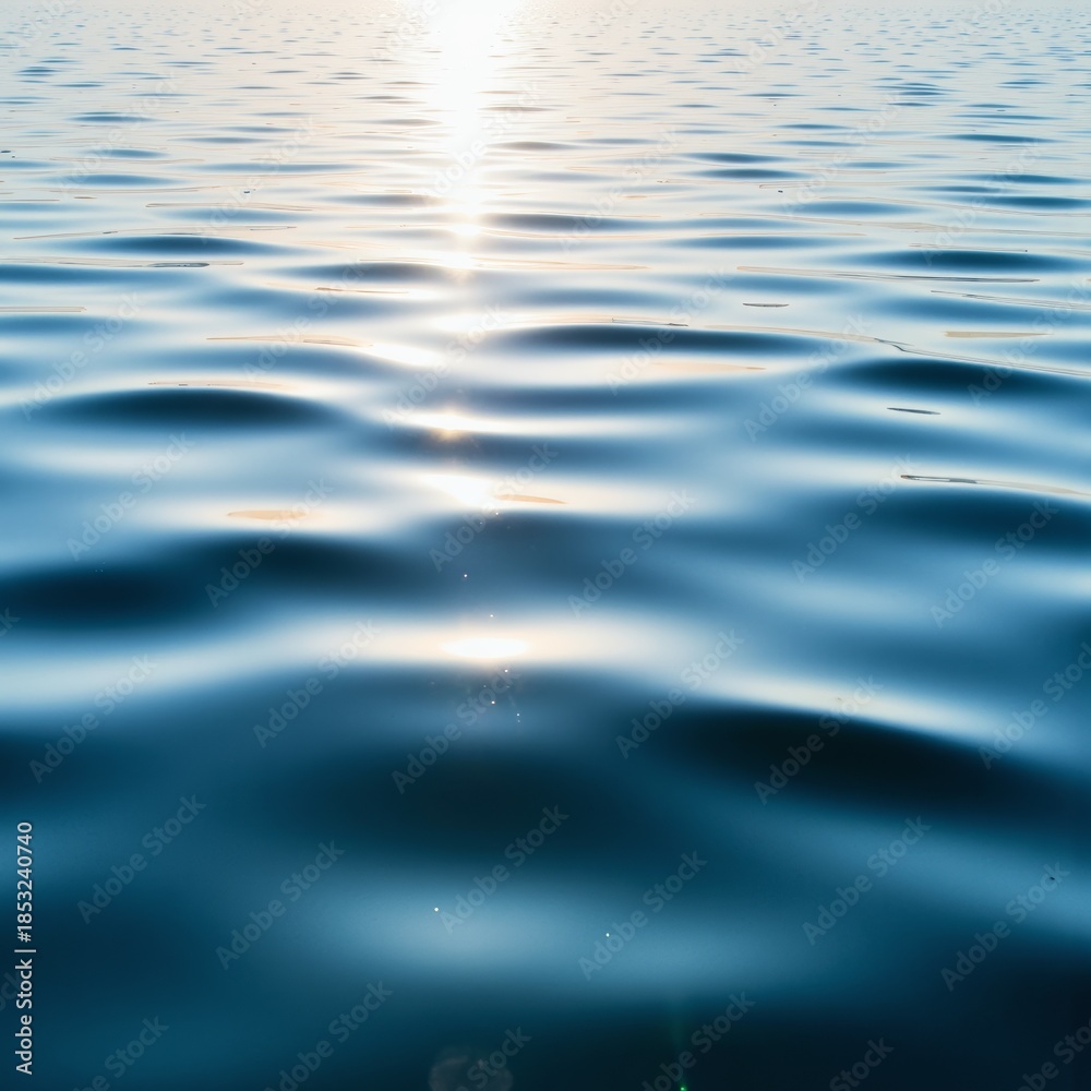 Naklejka premium Serene Ocean Surface with Reflective Waves Glistening Under the Soft Glow of the Setting Sun Creating a Tranquil and Calming Atmosphere