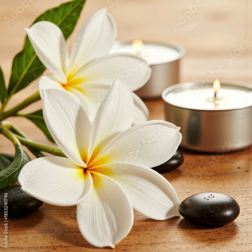 Serene Arrangement of White Frangipani Flowers with Smooth Black Stones and Burning Candles on a Wooden Surface