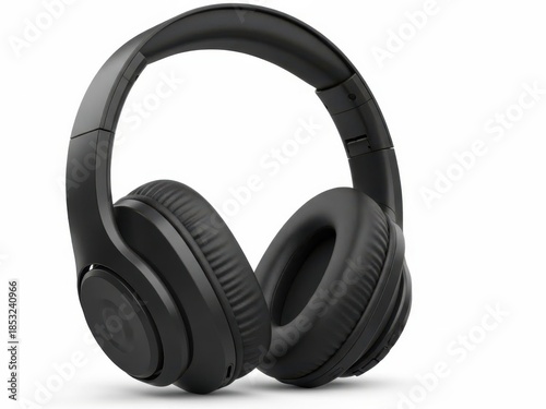 Modern black wireless headphones isolated on white background