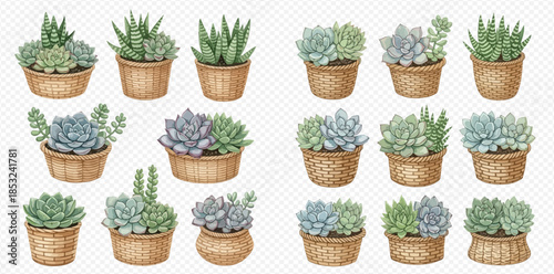 Watercolor collection of potted succulent plants in various styles and colors, perfect for home decor and garden designs.