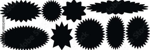 Collection of Black Starburst and Oval Shapes on White Background starburst shapes star shapes