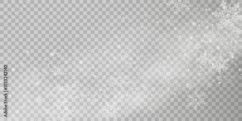Falling snow on a transparent background. Vector illustration 10 EPS. Abstract snowflake background. Fall of snow.