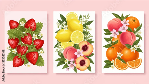 Vibrant fruit illustrations of strawberries, lemons, and oranges with flowers