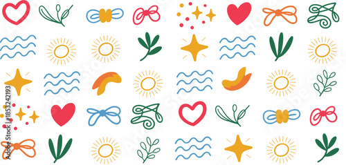 Wallpaper Mural Colorful Hand- Drawn Icons of Nature Hearts and Bows hand-drawn leaves Torontodigital.ca