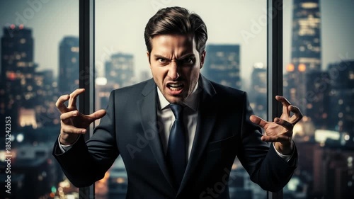 Angry businessman gesturing aggressively in modern office with cityscape background
