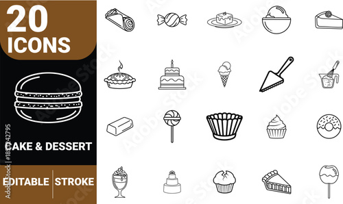 Collection of cake and dessert icons for design projects, pastry, sweet, bakery, food, illustration, design, graphic, vector, simple, black, white, 
