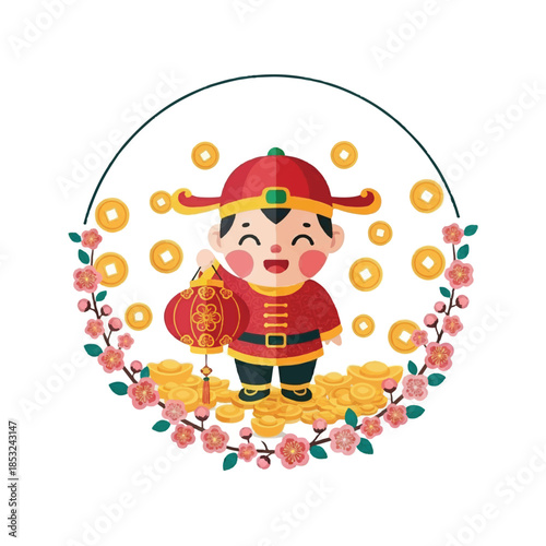A cartoon character in traditional attire surrounded by flowers and gold coins