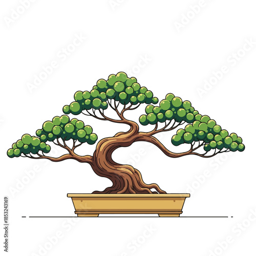 Bonsai tree illustration in a rectangular planter with twisted trunk and green foliage