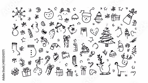 Whimsical winter holiday hand-drawn doodle animation with varied festive elements, alpha channel on transparent background.