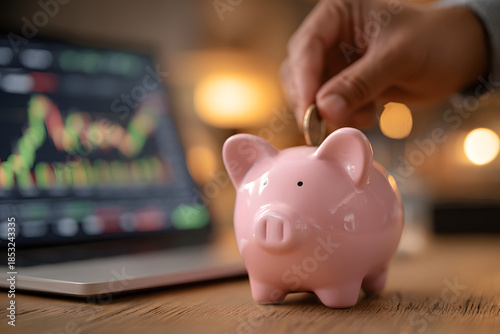 Person saving money with pink piggy bank and laptop on table, financial planning and investment concept with focused hands holding coin and piggy bank