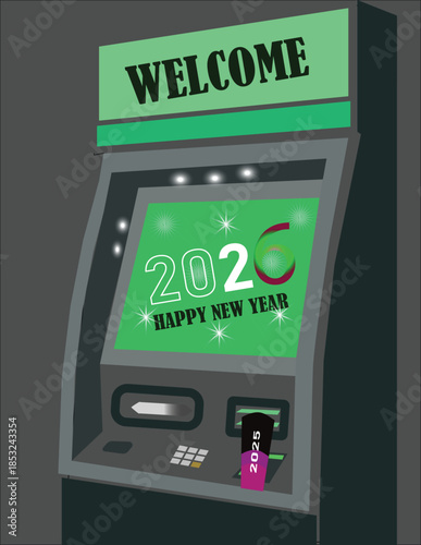 Festive atm display welcoming 2026 with a discarded 2025 card, symbolizing a fresh start Placeholder image indicating a vector graphic file format for design purposes