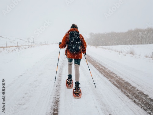 A solitary adventurer snowshoes along a winding mountain trail, immersed in a tranquil winter wonderland filled with falling snowflakes.