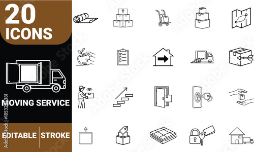 Collection of moving service icons for logistics and transportation,editable, stroke, packaging, delivery, storage, furniture, moving company