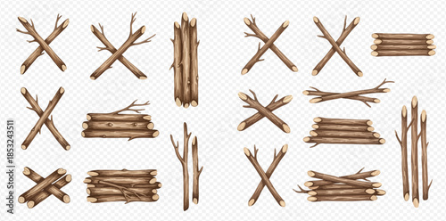 Set of wooden logs, branches, and sticks in various arrangements for natural design elements.