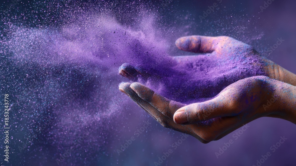 Fototapeta premium Hands releasing vibrant purple pigment in motion, epilepsy awareness, hope, support, and celebration of Purple Day
