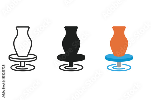 Minimalist Spinning Wheel Icons. Minimalist icon of spinning wheel base with rising vessel silhouette in smooth rhythm, first in
