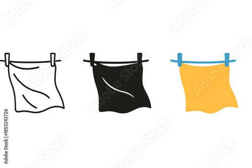 Minimalist Sheet Styles. Minimalist depiction of hanging sheet waving in breeze between two pegs, first in line style with thin