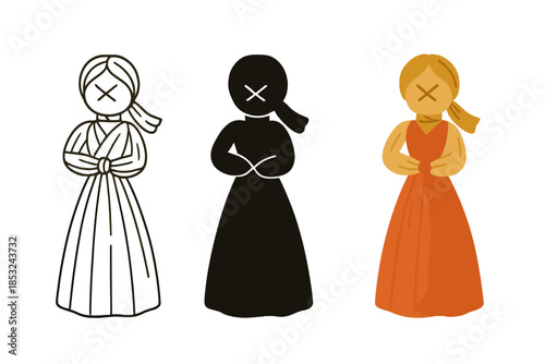 Corn Husk Doll Art. Handmade corn husk doll standing upright with simple knotted features, first in line style with thin outline,