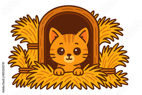 Playful Kitten Peek. Curious kitten peeking from hayloft window surrounded by straw bundles, first in line style with thin outline