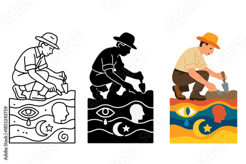 Unveiling Subconscious Symbols. Archaeologist uncovering layered symbols and archetypes from abstract subconscious soil, first in