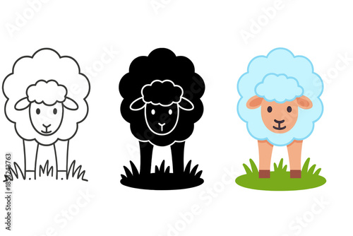 Stylized Woolly Sheep. Fluffy sheep standing in pasture with wool shaped like a soft cloud above, first in line style with thin