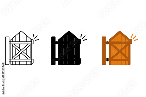 Animated Wooden Gate. Wooden gate silhouette with animated squeak lines radiating from hinge point, first in line style with thin