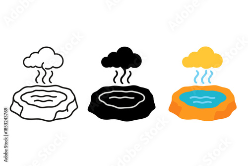 Geothermal Pool Styles. Hot geothermal pool with glowing water surface and misty cloud drifting above, first in line style with