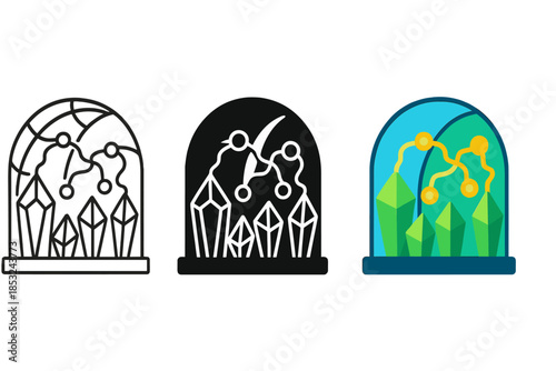 Futuristic Greenhouse Prisms. Futuristic greenhouse of synaptic prisms with energy pulses flowing between nodes, first in line