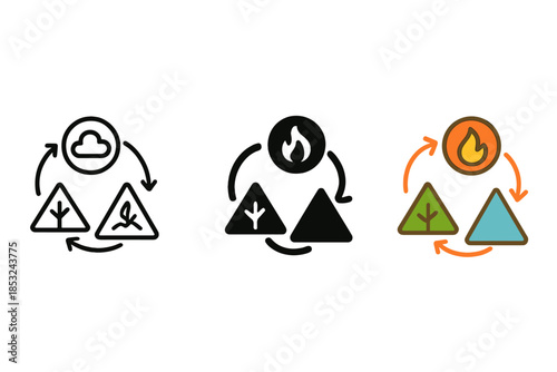 Elemental Symbol Fusion. Abstract fusion of elemental symbols—earth, fire, air—forming kiln atmosphere cycle, first in line style