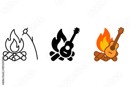 Campfire Trio Styles. A campfire with flames, a guitar, a marshmallow on a stick, first in line style with thin outline, second in