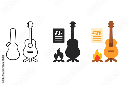Guitar Campfire Trio. Guitar case, sheet of music, campfire guitar stand, first in line style with thin outline, second in solid