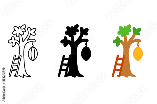 Tree Pod Artistry. Tree with hanging pod, small ladder, parasitic structure, first in line style with thin outline, second in