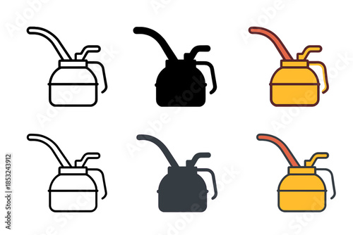 Classic Oil Can Icons. Classic oil can with a long curved spout, minimal vector icon, first in line style with thin outline,