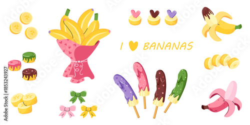 Colorful set of bananas - whole, sliced, peeled, covered in chocolate and sprinkled with sweet toppings. Bouquet of juicy yellow fruits. Ice cream popsicles in glaze on sticks.
