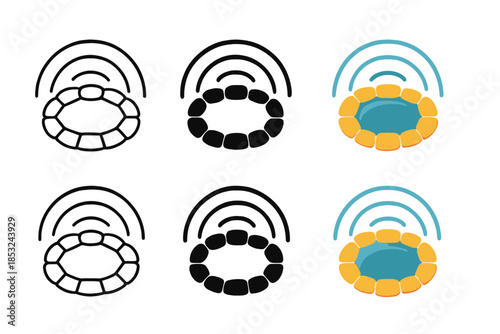 Geometric Stone Circle Icons. Stone circle with radiating resonance waves, simple geometric minimalist icon, first in line style