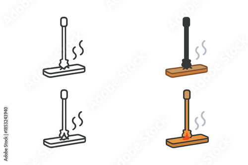 Spindle Fire-Making Techniques. Wooden spindle and fireboard creating ember through friction, clean minimal vector illustration,