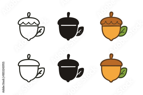 Acorn Cup Designs. Tiny cup formed from acorn cap with tiny leaf accent, abstract minimal vector illustration, first in line style