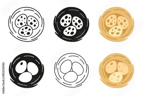 Minimalist Quail Nest. Top view of nest with three quail eggs inside, simple minimalist vector illustration, first in line style