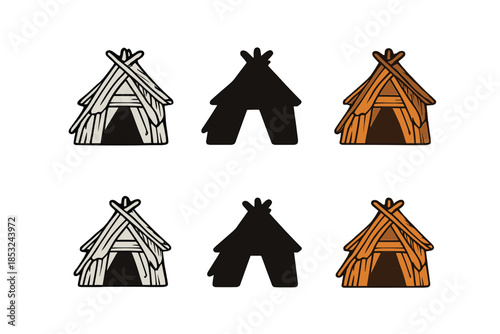 Tribal Hut Icons. Small tribal hut constructed from scrap timber and planks, minimal vector icon, first in line style with thin