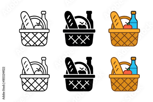 Picnic Basket Icons. Woven willow basket filled with picnic items like bread and fruit, minimal vector icon, first in line style
