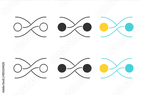 Poetic Particle Symmetry. Two distant particles linked by curved energy lines forming poetic symmetry, simple minimalist vector