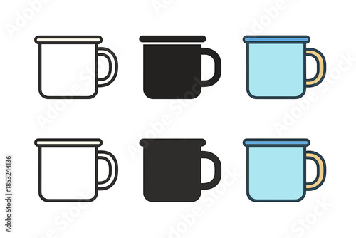 Minimal Camping Mug Designs. Classic enamel camping mug with handle and simple design, minimal vector icon, first in line style