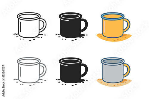 Minimalist Enamel Mug Art. Enamel mug resting on camping ground with minimal shadow, abstract minimalist vector illustration,