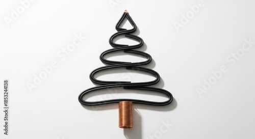 Minimal cable Christmas tree flat lay with copper coil base on white, clean 2026 New Year electricity and power engineering concept, copy space
